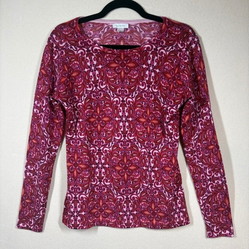 Garnet Hill Floral Merino Wool Long Sleeve Sweater Small Red Lightweight Casual